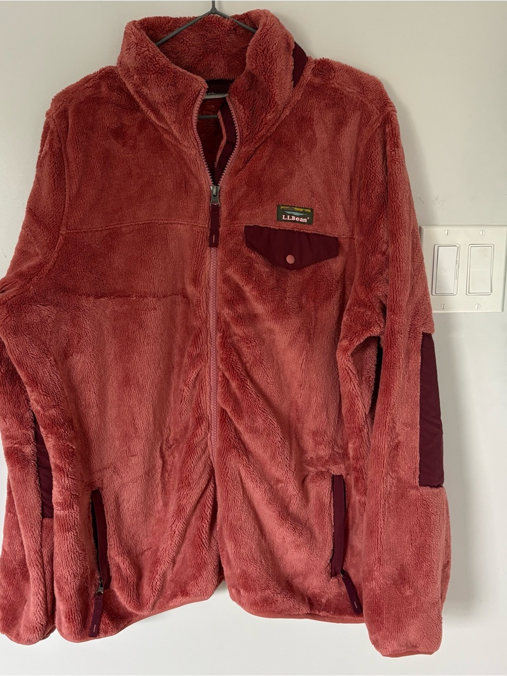 L.L.Bean Hi-Pile Fleece Full-Zip Jacket Dusty Rose Pink Maroon Trim XL Regular